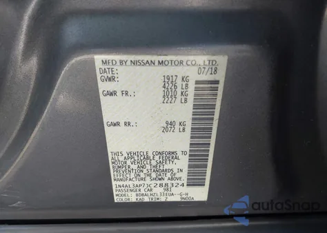 2018 Nissan Altima 2.5 Sr from USA, damaged, VIN 1N4AL3AP7JC288324